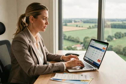 Femme frontalière calculant son salaire net sur un ordinateur portable avec des fiches de paie et une carte frontalière France-Luxembourg posées sur le bureau
