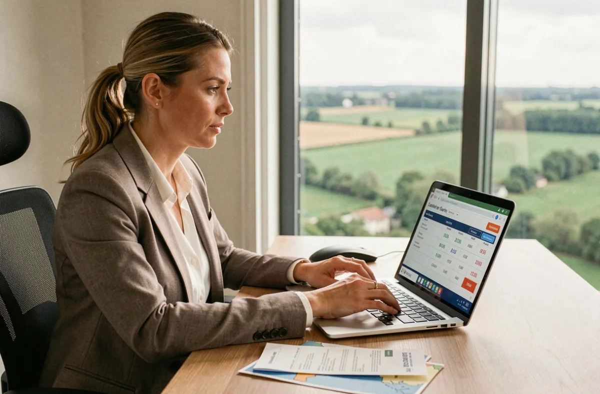Femme frontalière calculant son salaire net sur un ordinateur portable avec des fiches de paie et une carte frontalière France-Luxembourg posées sur le bureau