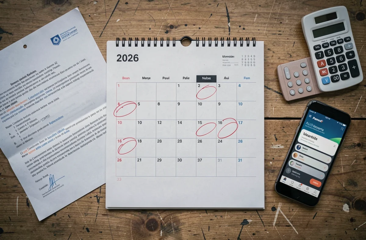 Vue de dessus d'un calendrier 2026 avec dates de paiement entourées et documents de pension d'invalidité CAF sur un bureau