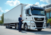 Camion blanc moderne devant une banque avec un professionnel en costume
