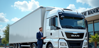 Camion blanc moderne devant une banque avec un professionnel en costume