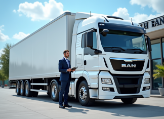 Camion blanc moderne devant une banque avec un professionnel en costume