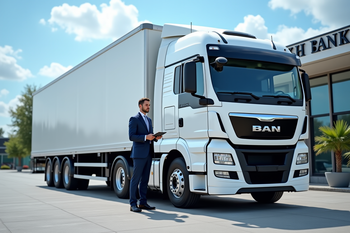 Camion blanc moderne devant une banque avec un professionnel en costume