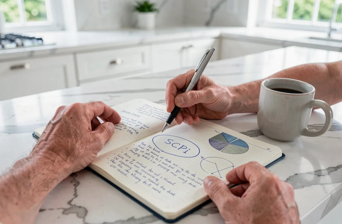 Mains tenant un stylo au-dessus d'un carnet de planification financière avec des notes sur les SCPI