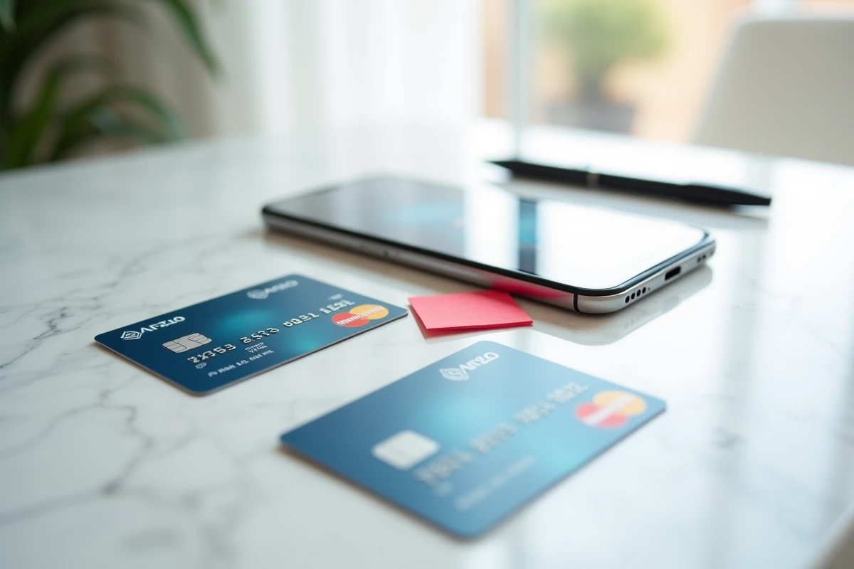 Carte bancaire bloquée posée sur un bureau avec une application bancaire ouverte sur smartphone pour gérer une opposition