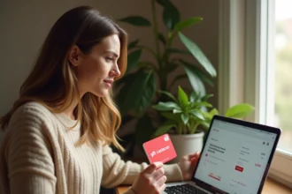 Femme tenant une carte cadeau Illicado devant un ordinateur portable avec un panier Amazon ouvert