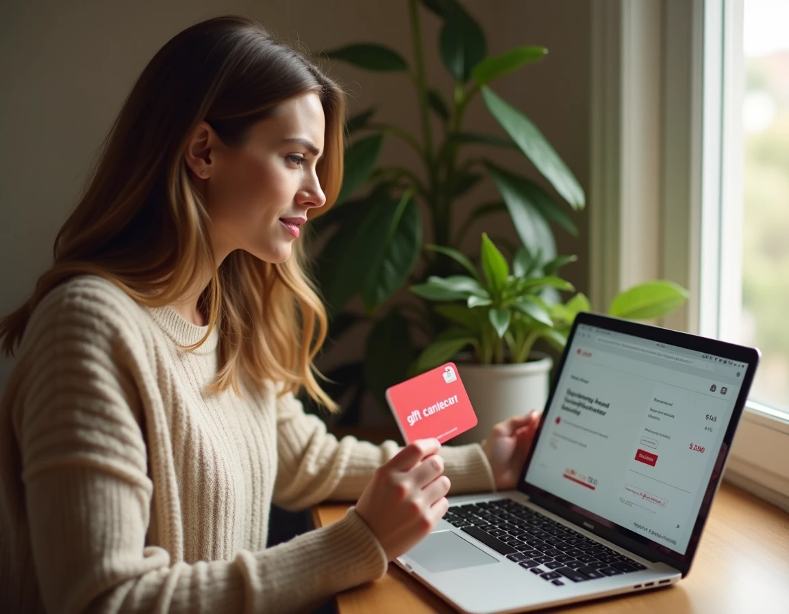 Femme tenant une carte cadeau Illicado devant un ordinateur portable avec un panier Amazon ouvert