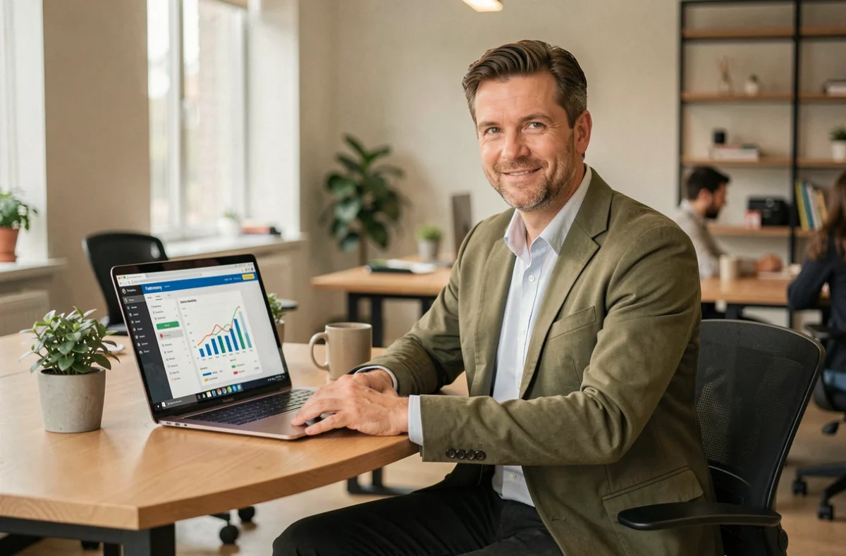 Cédric Dusséval consultant patrimonial dans un espace de travail moderne avec tableau de bord sur ordinateur