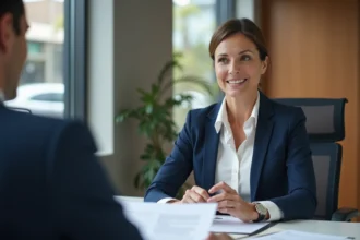 Femme consultant un conseiller assurance MAAF pour centraliser ses contrats dans une agence moderne au Havre
