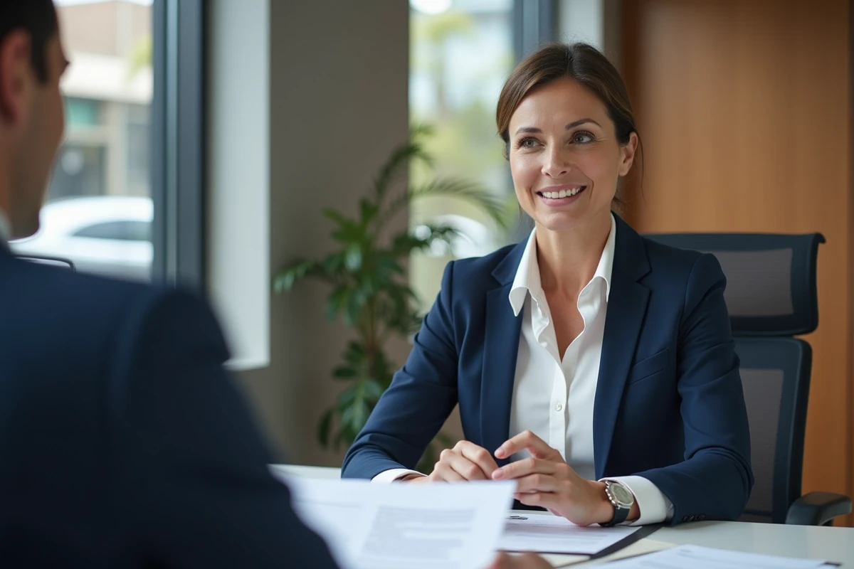 Femme consultant un conseiller assurance MAAF pour centraliser ses contrats dans une agence moderne au Havre