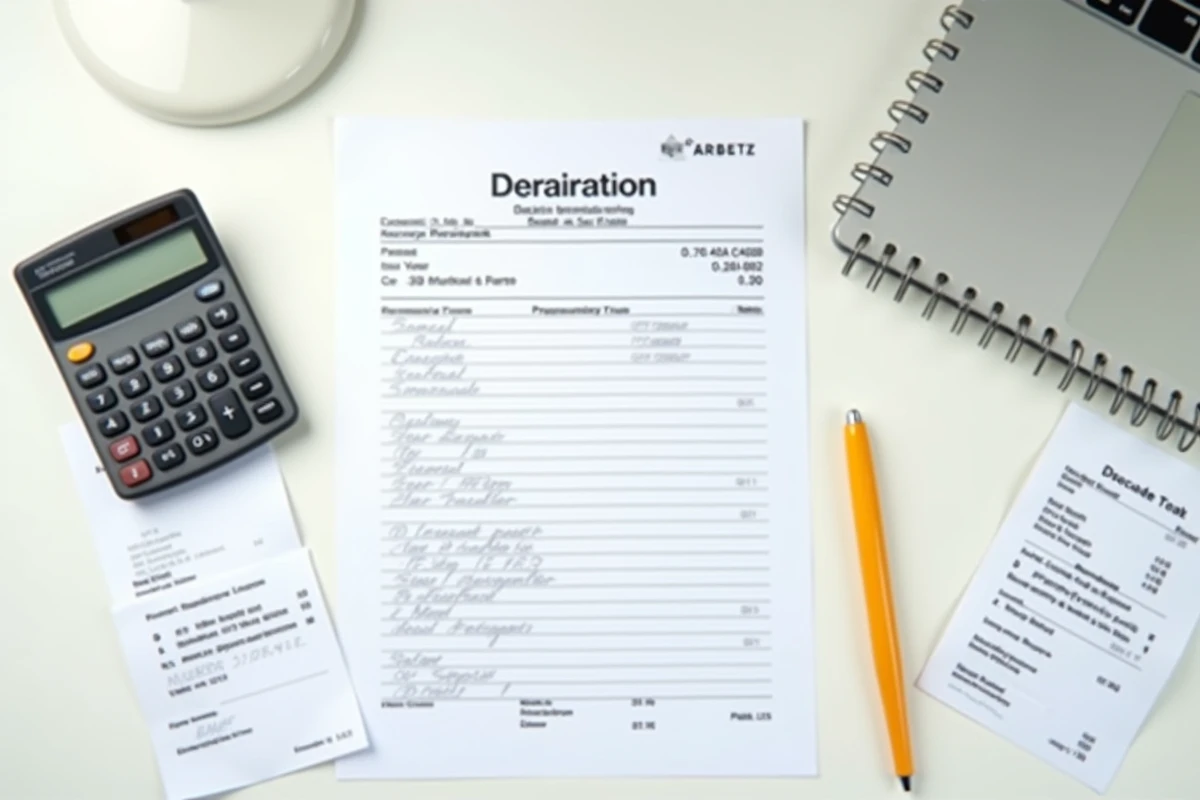 Vue de dessus d'une déclaration fiscale française avec reçus de repas, calculatrice et stylo pour préparer la déduction en frais réels 2026