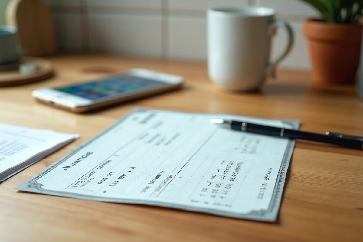 Gros plan d'un chèque bancaire posé sur une table avec un stylo et un reçu de supermarché pour un paiement différé