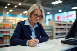 Femme remplissant un chèque différé au service client d'un supermarché Leclerc en 2026