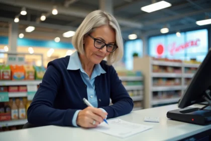 Femme remplissant un chèque différé au service client d'un supermarché Leclerc en 2026