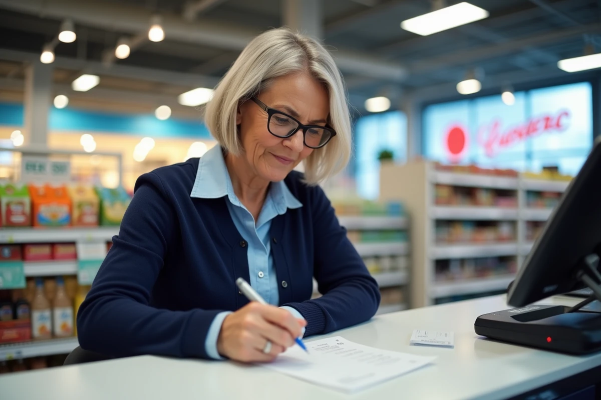Femme remplissant un chèque différé au service client d'un supermarché Leclerc en 2026