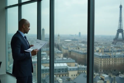 Économiste tenant un rapport de classement PIB devant la skyline de Paris, représentant la position économique de la France en 2026