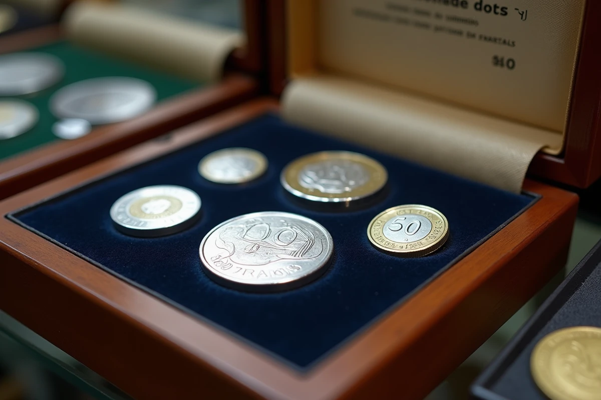 Collection de pièces 50 Francs 1977 en argent exposées sur un plateau de velours dans une vitrine numismatique