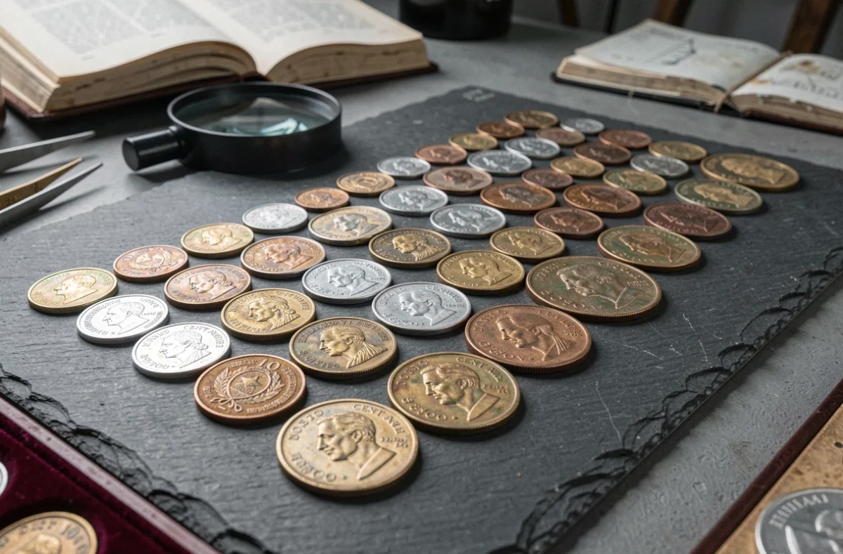 Collection de pièces de pesos argentins de différentes époques alignées sur une ardoise dans un atelier de numismatique, avec outils de collection visibles