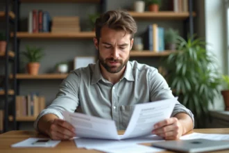 Homme comparant deux offres de prêt personnel sur des documents imprimés à son bureau à domicile