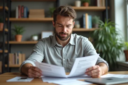 Homme comparant deux offres de prêt personnel sur des documents imprimés à son bureau à domicile