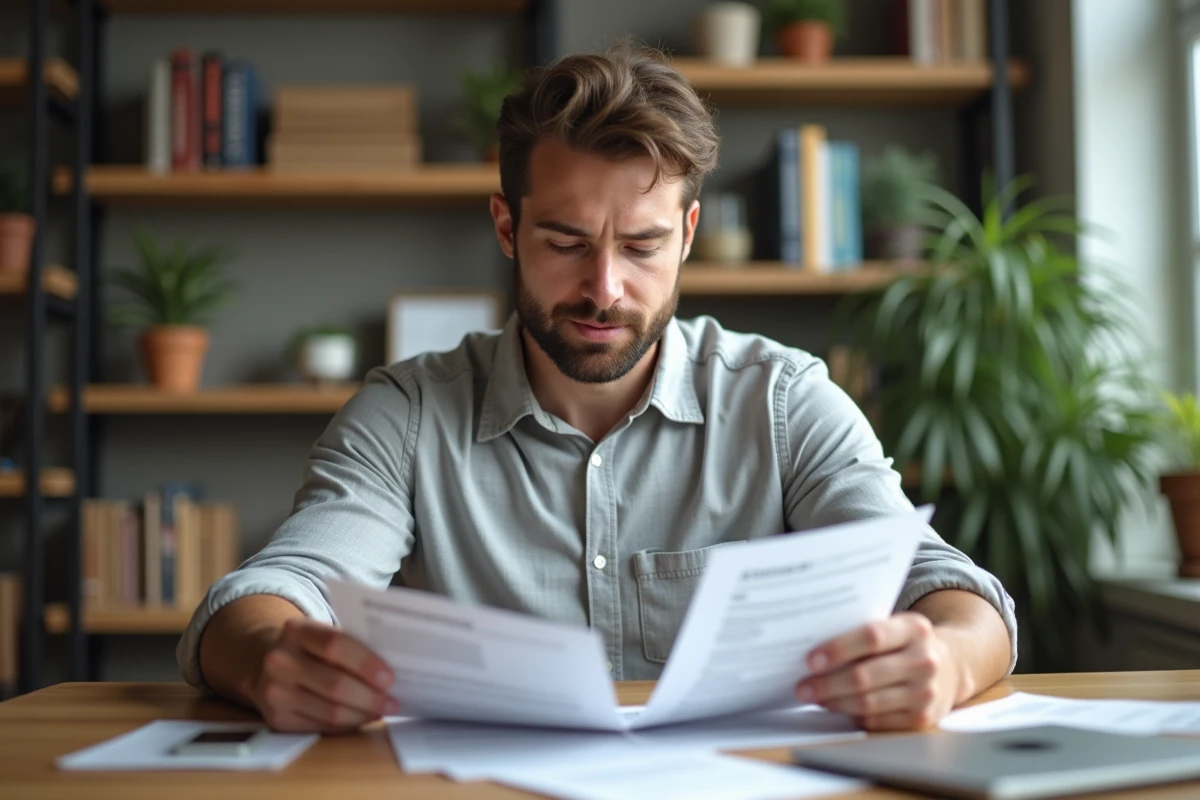 Homme comparant deux offres de prêt personnel sur des documents imprimés à son bureau à domicile