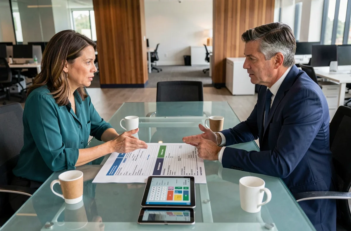 Deux collègues frontaliers comparant des fiches de calcul de salaire net lors d'une réunion de travail dans un bureau moderne avec une tablette et des documents imprimés