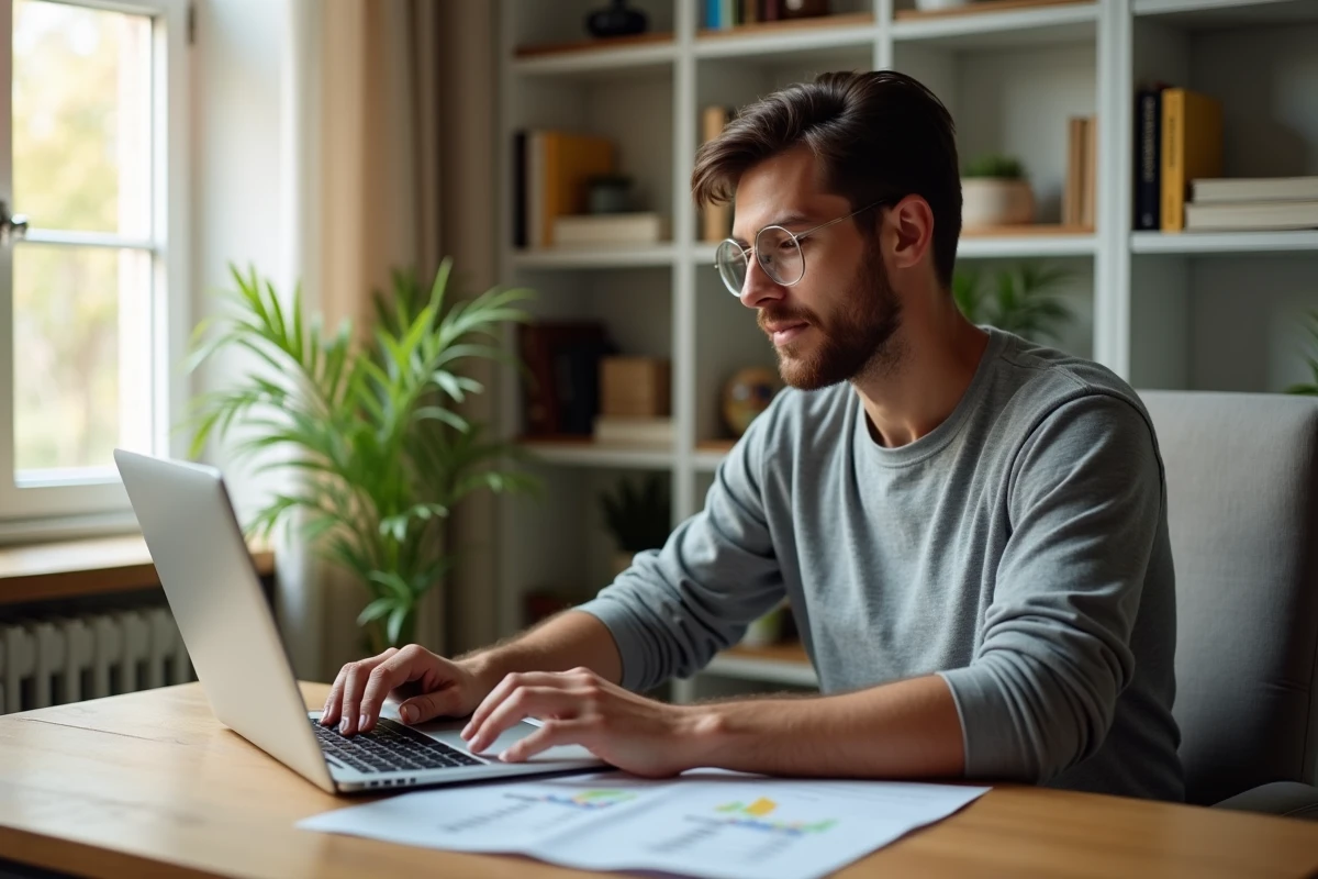 Homme comparant les taux de comptes à terme en ligne et en banque depuis son bureau à domicile