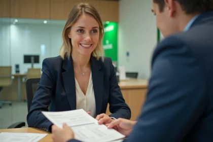 Femme discutant d'un compte à terme avec un conseiller Crédit Agricole en agence