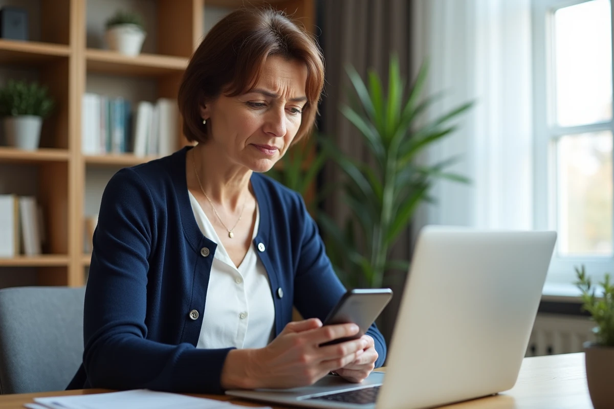 Femme frustrée essayant de se connecter à son compte La Banque Postale sur un ordinateur portable tout en tenant son téléphone