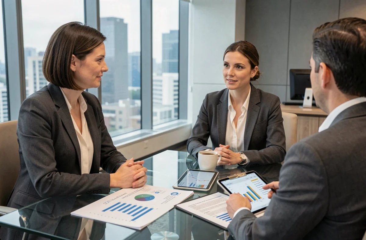 Femme consultant un conseiller financier avec des graphiques de rendement SCPI sur une table de réunion