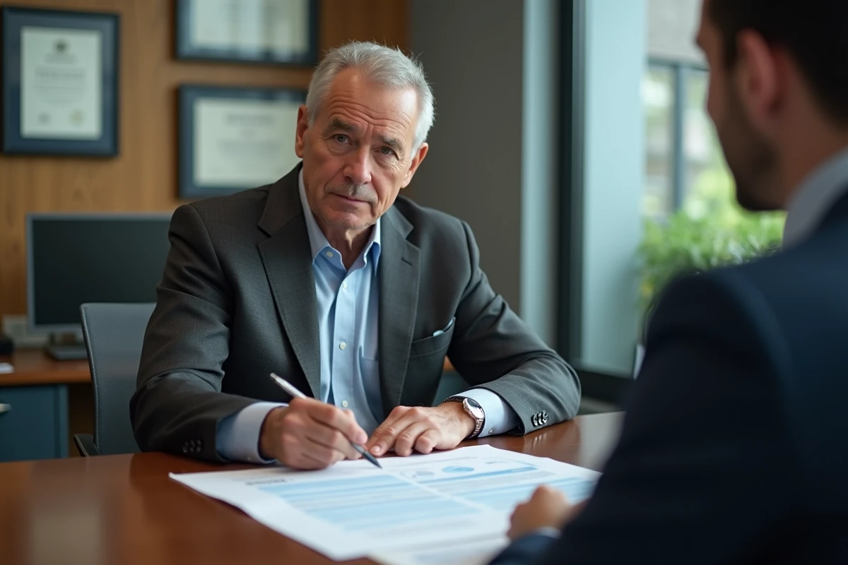 Conseiller en assurance expliquant les garanties IARD à un client lors d'un rendez-vous en agence