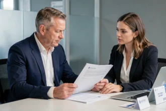 Un homme et une conseillère bancaire examinent un contrat d'assurance emprunteur à la Banque Postale