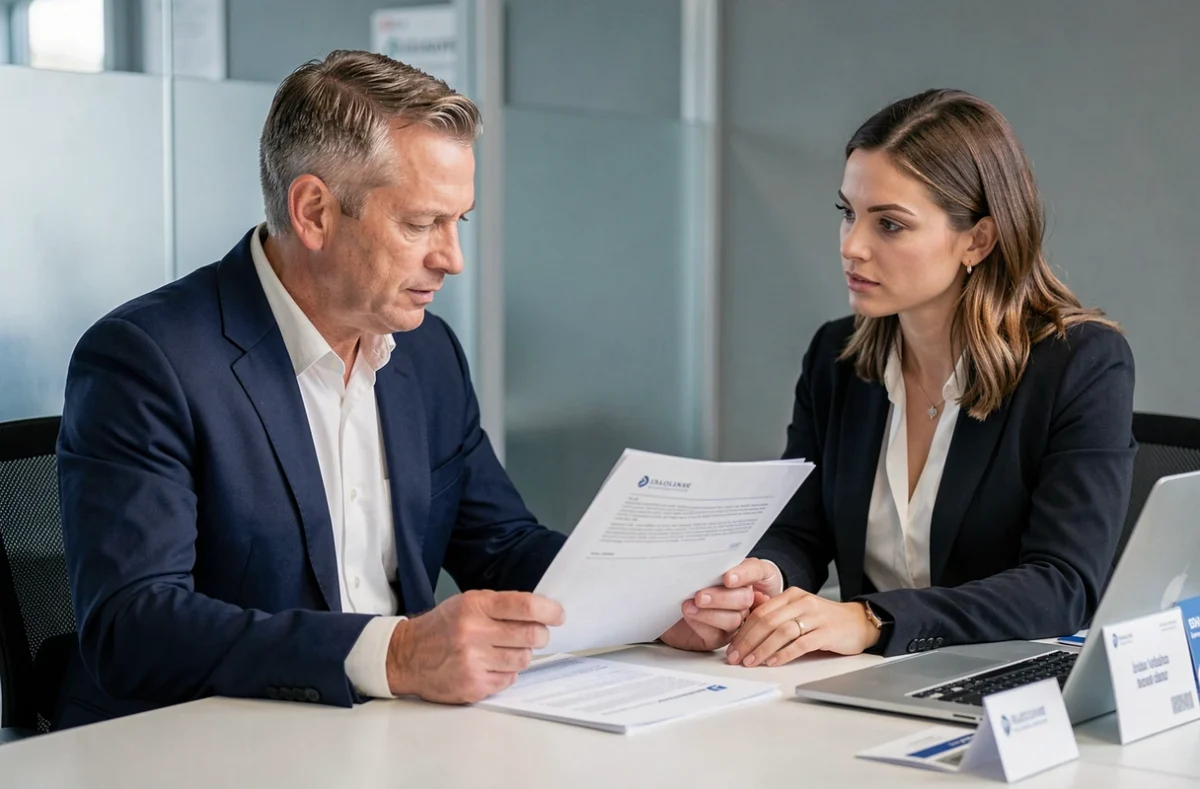 Un homme et une conseillère bancaire examinent un contrat d'assurance emprunteur à la Banque Postale