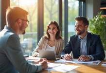 Conseiller bancaire souriant avec couple dans un bureau lumineux
