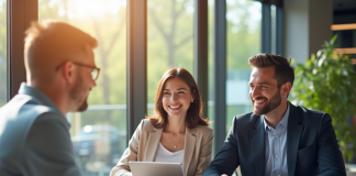 Conseiller bancaire souriant avec couple dans un bureau lumineux