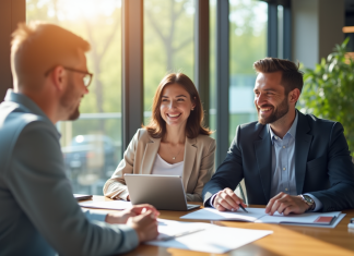 Focus sur les assurances pour les particuliers à la SG Conseiller bancaire souriant avec couple dans un bureau lumineux