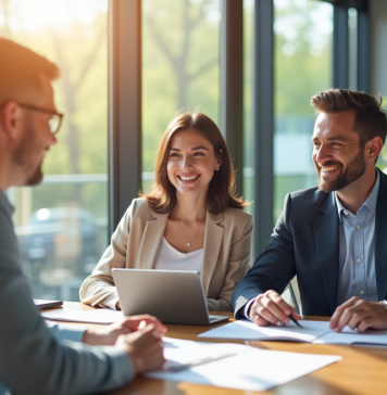 Conseiller bancaire souriant avec couple dans un bureau lumineux
