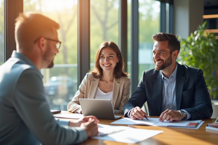 Conseiller bancaire souriant avec couple dans un bureau lumineux