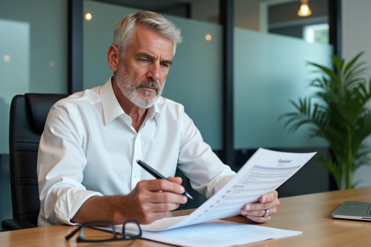 Conseiller bancaire et client comparant un relevé fiscal et le formulaire 2BH dans une agence bancaire