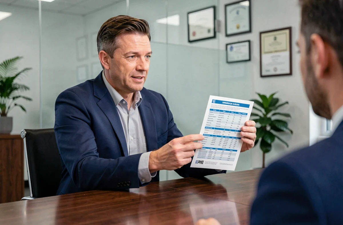 Conseiller financier présentant un comparatif d'assurance emprunteur à un client en bureau pour expliquer la loi Bourquin