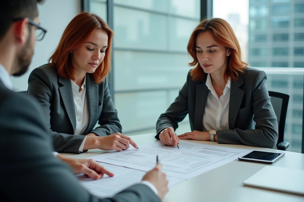 Conseillère et client examinant ensemble les erreurs d'un dossier Avanseo lors d'une réunion professionnelle