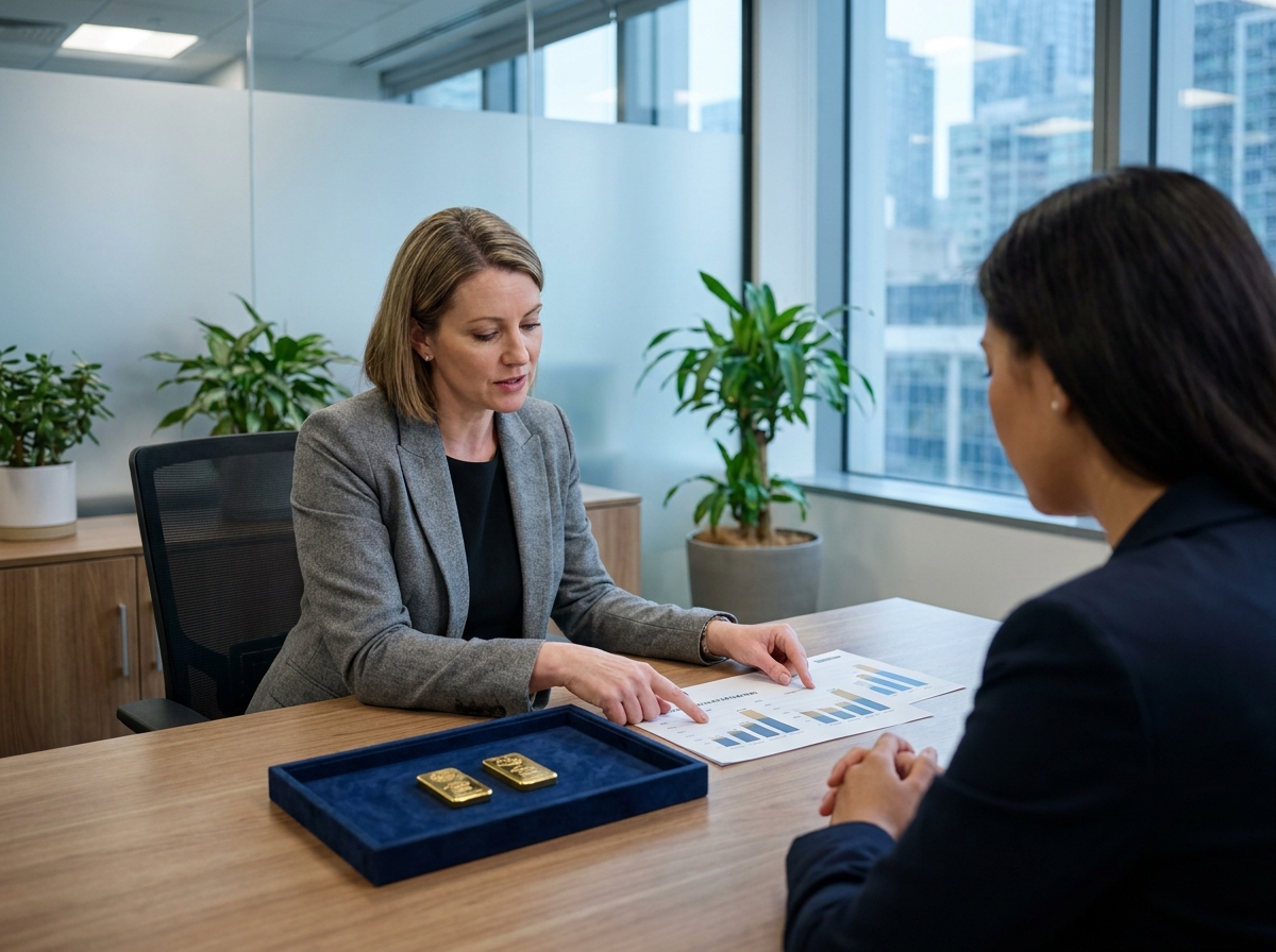Conseillère financière aidant un client à évaluer des lingots d'or pour une vente sécurisée