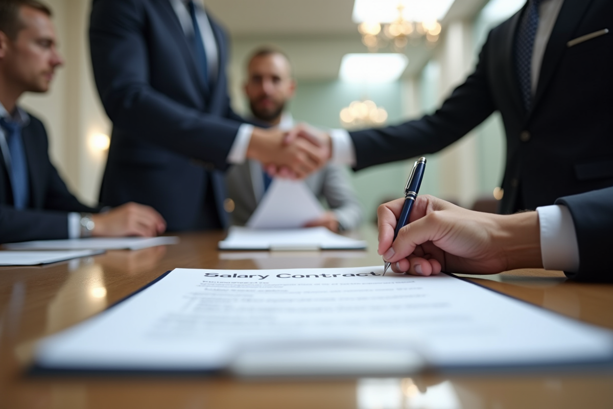 Main échangeant un contrat de salaire sur une table élégante