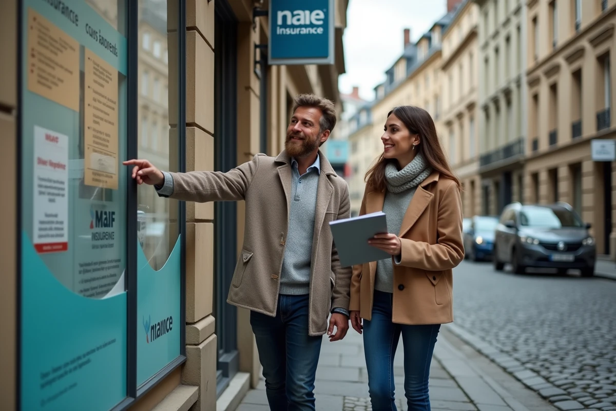 Couple devant une agence MAAF au Havre envisageant de regrouper leurs contrats auto habitation et santé