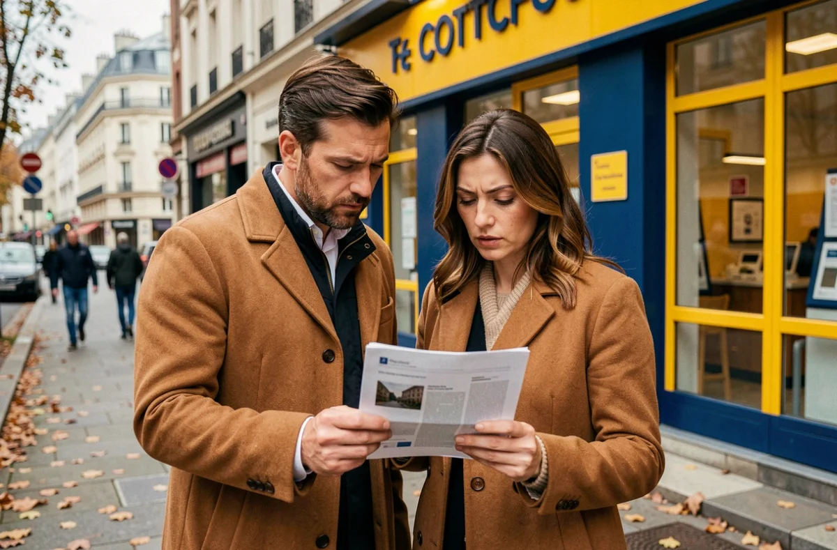 Un couple examine des documents d'assurance emprunteur devant une agence de la Banque Postale