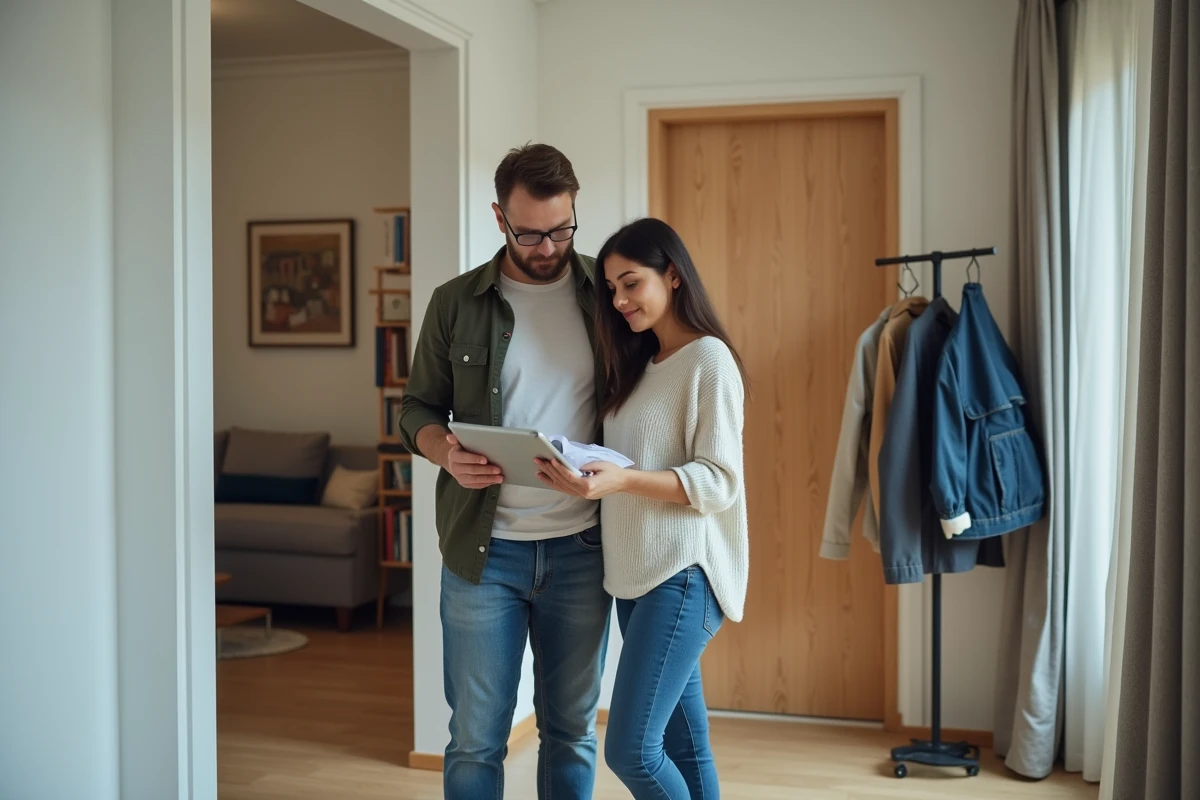 Couple discutant de leur assurance habitation dans le couloir d'un appartement moderne