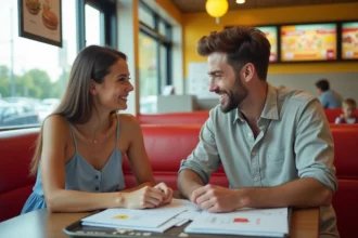 Couple planifiant leur budget vacances avec des Chèques Vacances dans un restaurant McDonald's