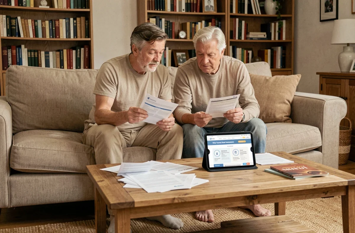 Couple comparant des offres de mutuelles santé sur tablette et documents papier dans leur salon