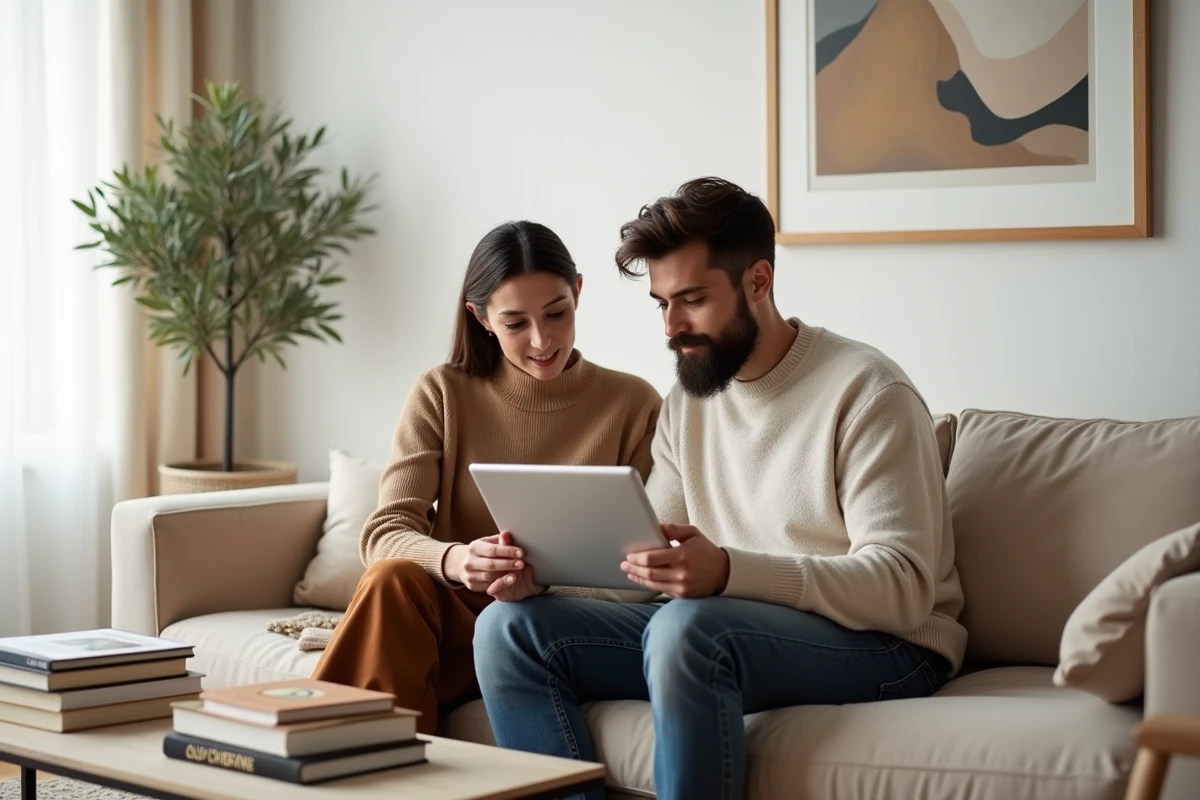 Couple consultant ensemble leur espace BNP Banque Privée sur tablette dans un salon contemporain