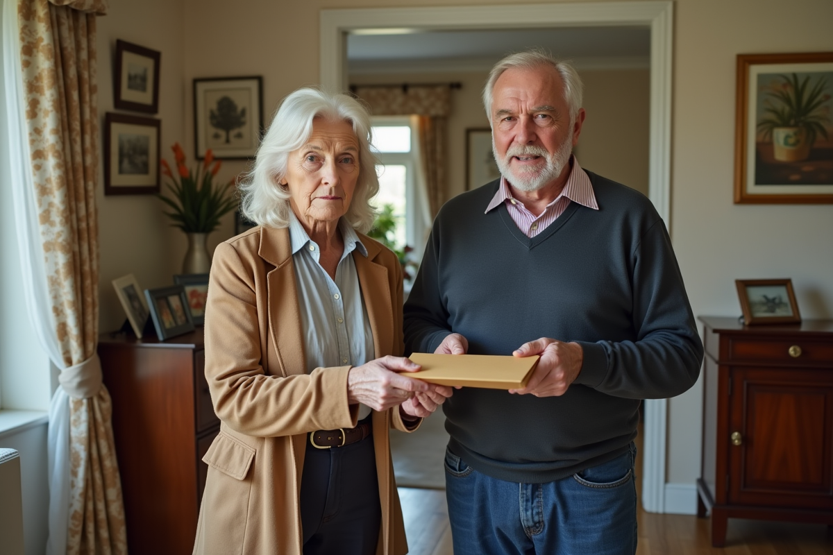 Un couple mature échangeant une enveloppe dans leur maison